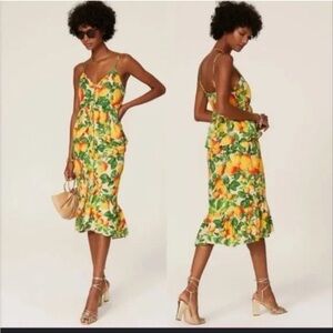 FARM RIO Orange Sands Orange Citrus Print Midi Dress Novelty Eyelet Linen XL